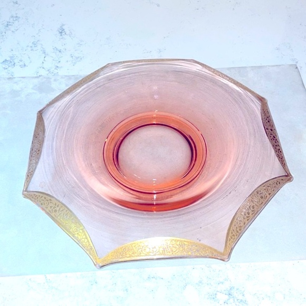 Tiffin Glassware Vintage Rambling Rose Gold Etched Pink Centerpiece Console Bowl